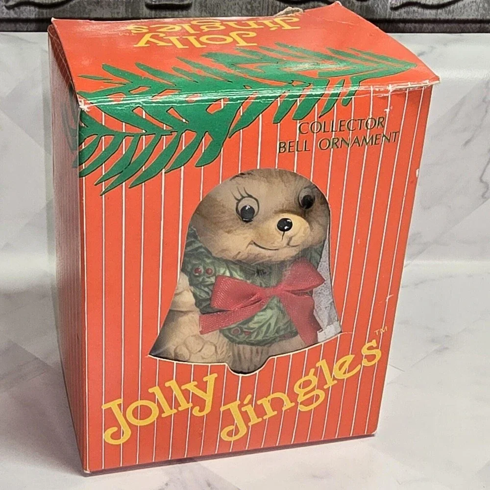 Vintage Jolly Jingles‎ Bear Bell Christmas Ornament Hand Painted Porcelain w Box